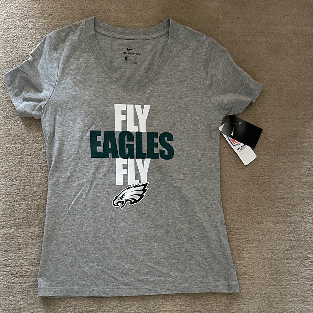 Nike Gray V‑Neck 'Fly Eagles Fly' Tee with Dark Green Logo